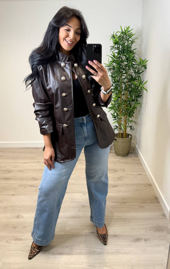 PU Military Blazer - Chocolate