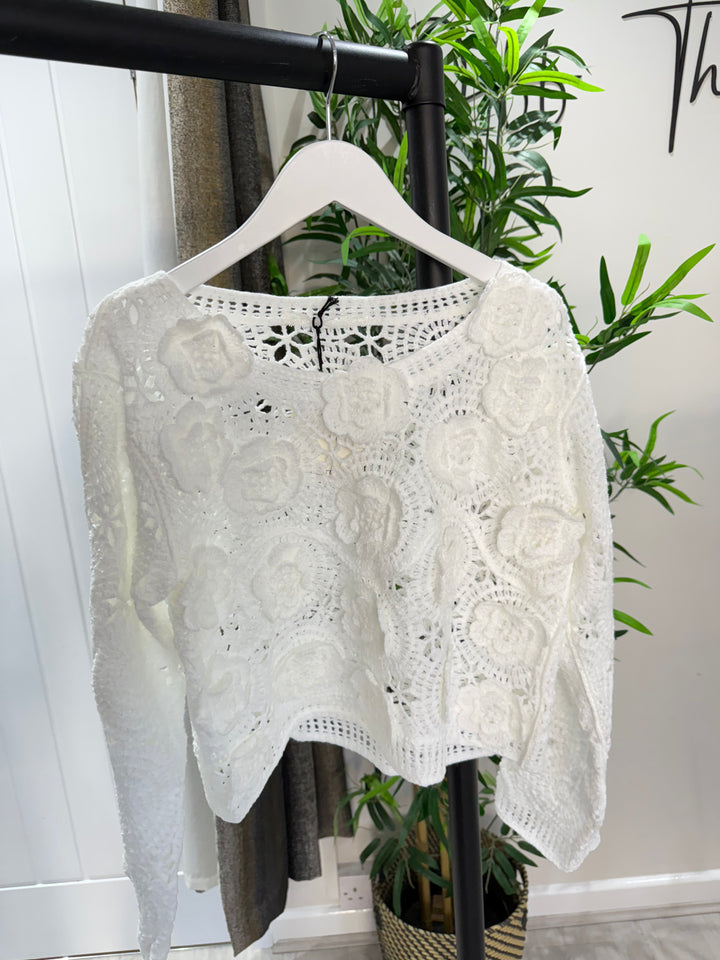 Crochet Flower Top - White