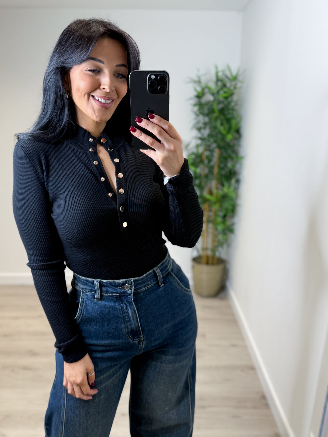 Selene Soft Knit Button Top - Black