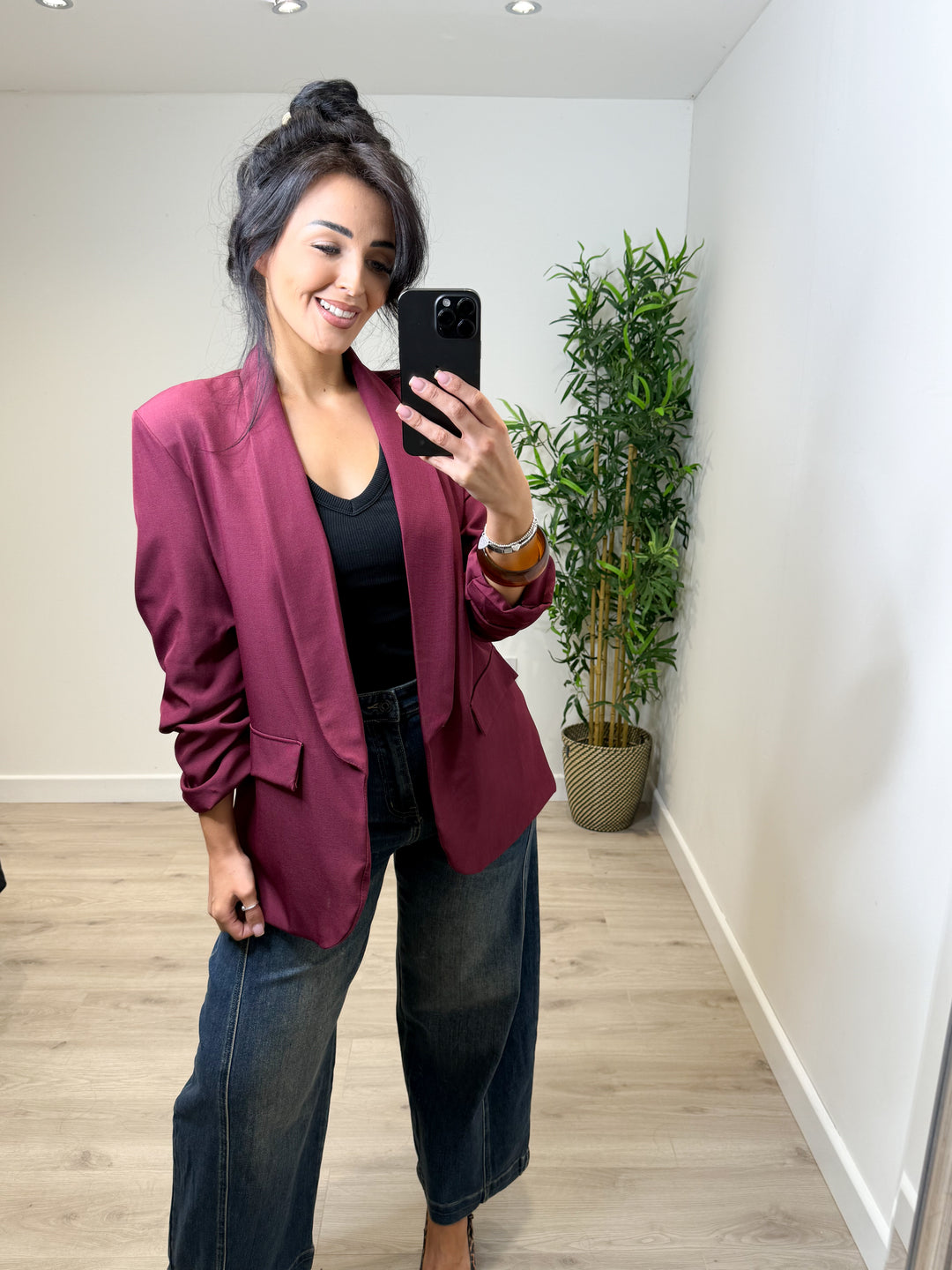 Gathered Sleeve Blazer - Wine