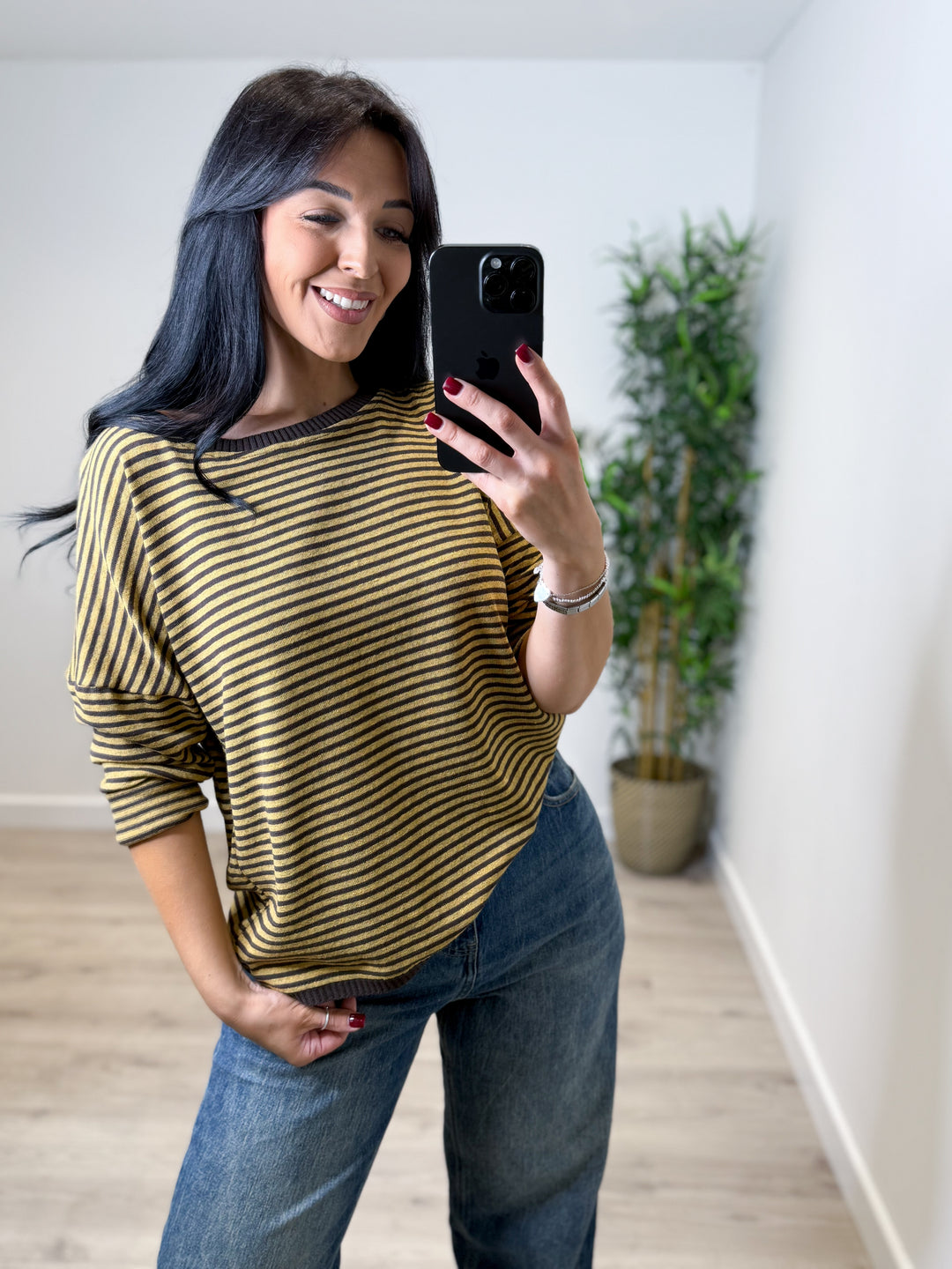 Angelina Stripe Top - Mustard/Chocolate