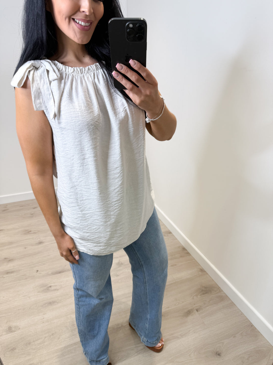 Bow Shoulder Top - Beige