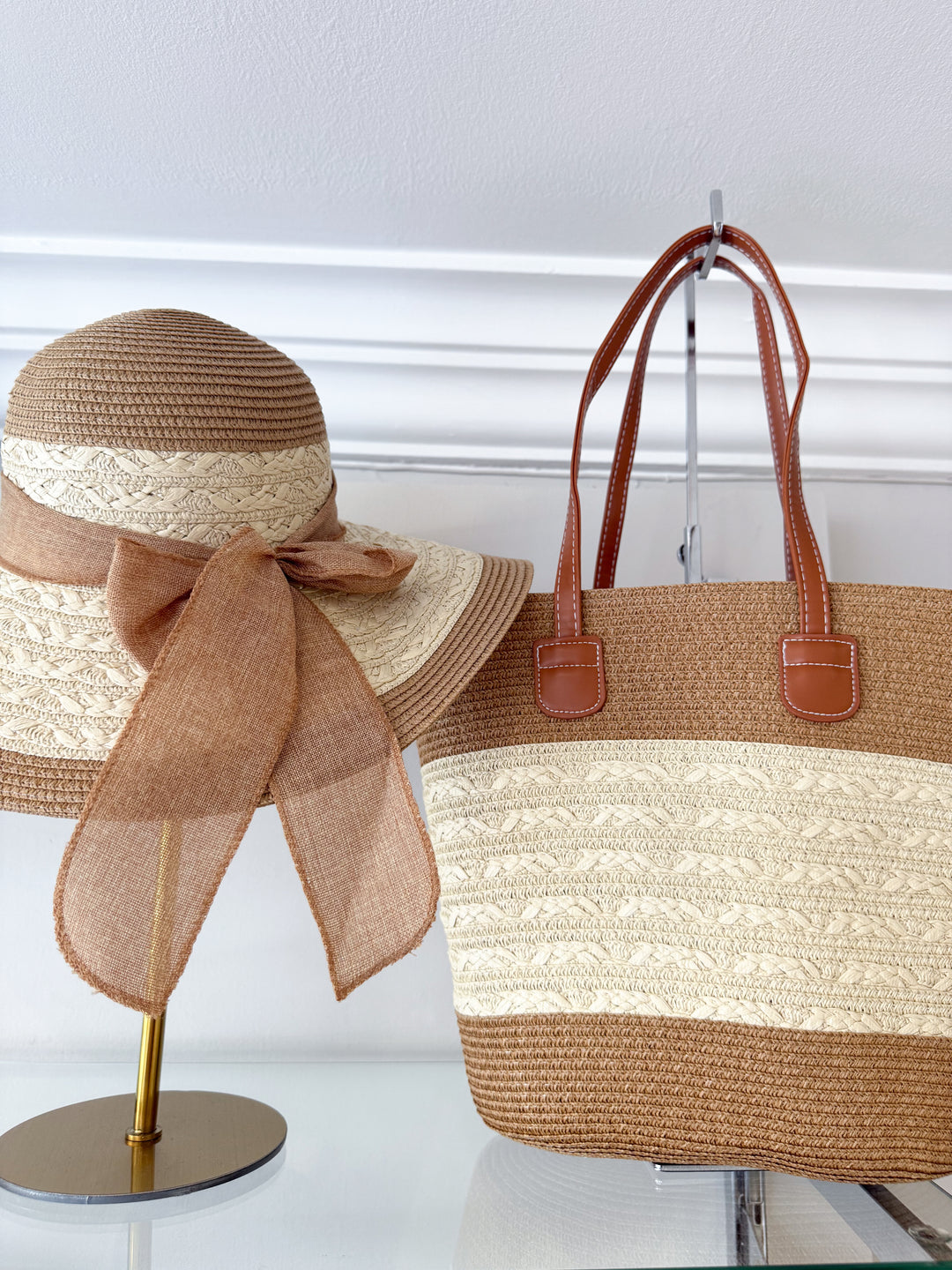 Bow Beach Bag And Hat - Dark Beige