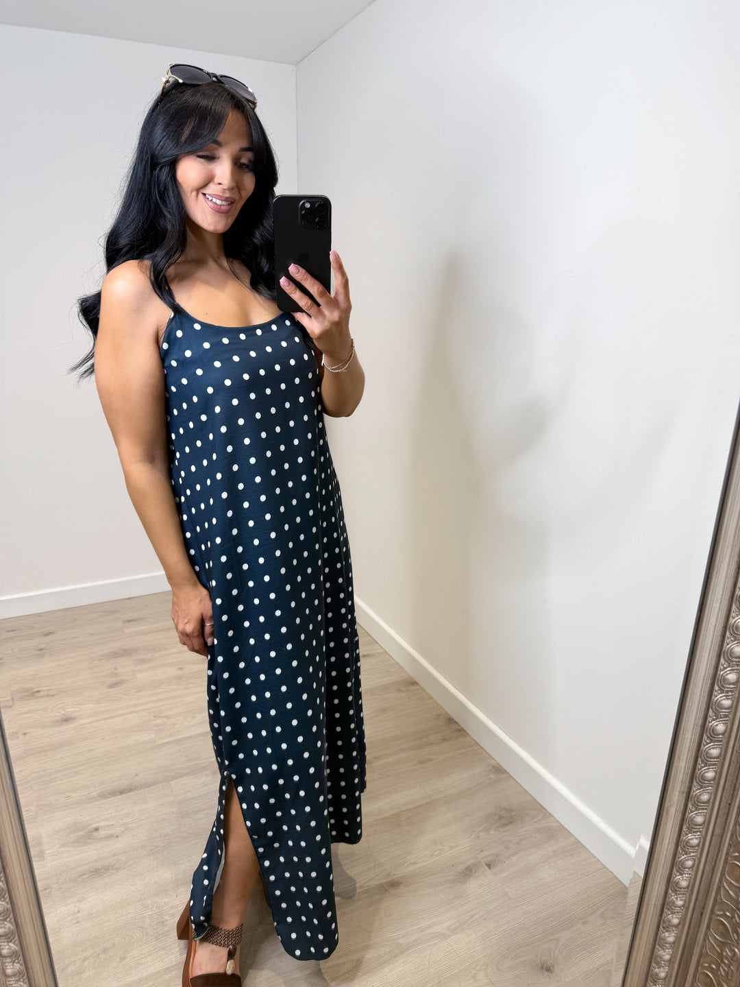 Polka Dot Side Split Dress - Navy