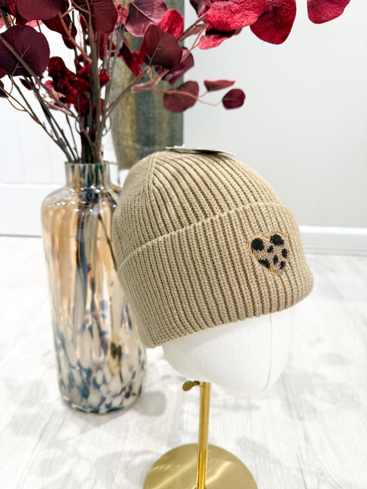 Leopard Heart Hat - Beige