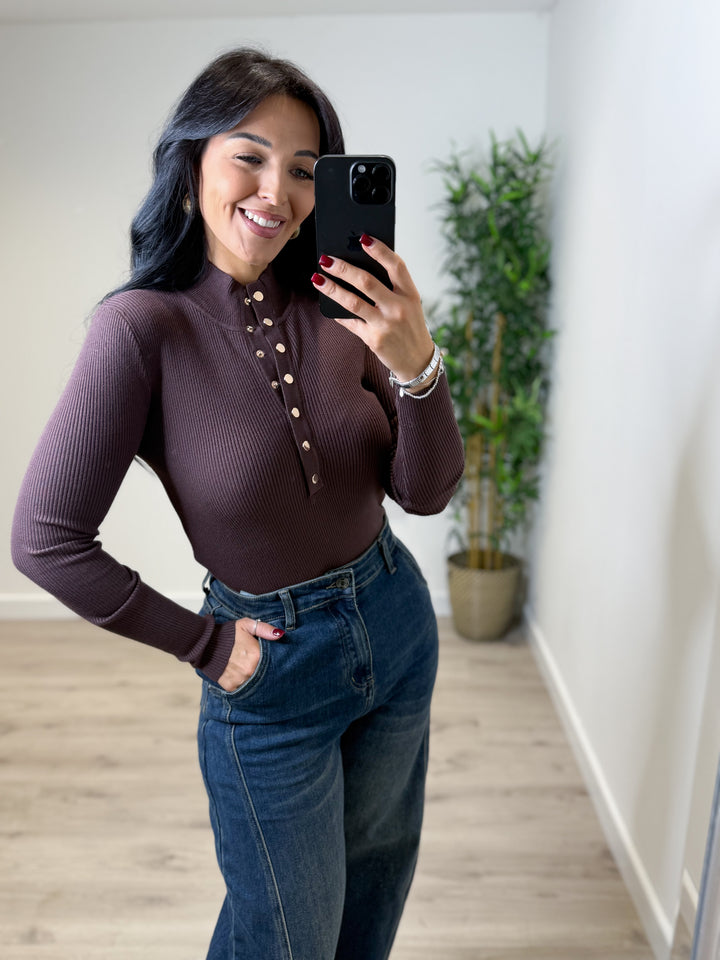 Selene Soft Knit Button Top - Chocolate