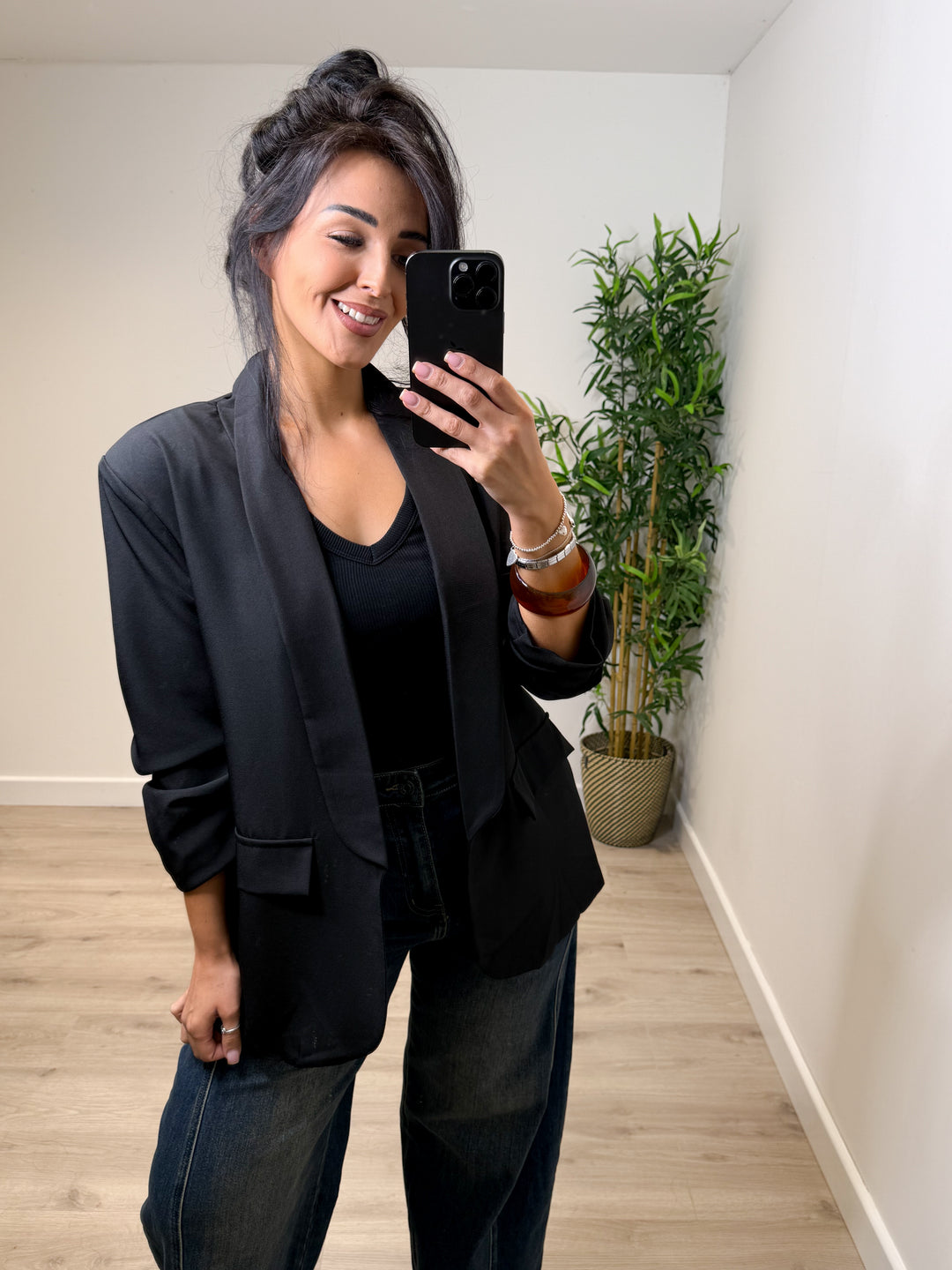 Gathered Sleeve Blazer - Black
