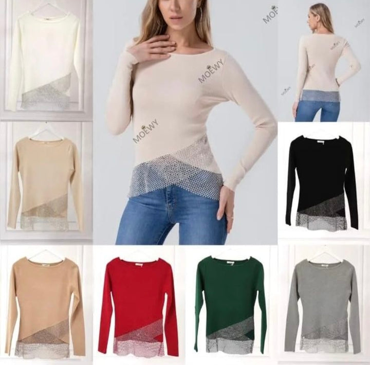 Diamanté Trim Top - Beige