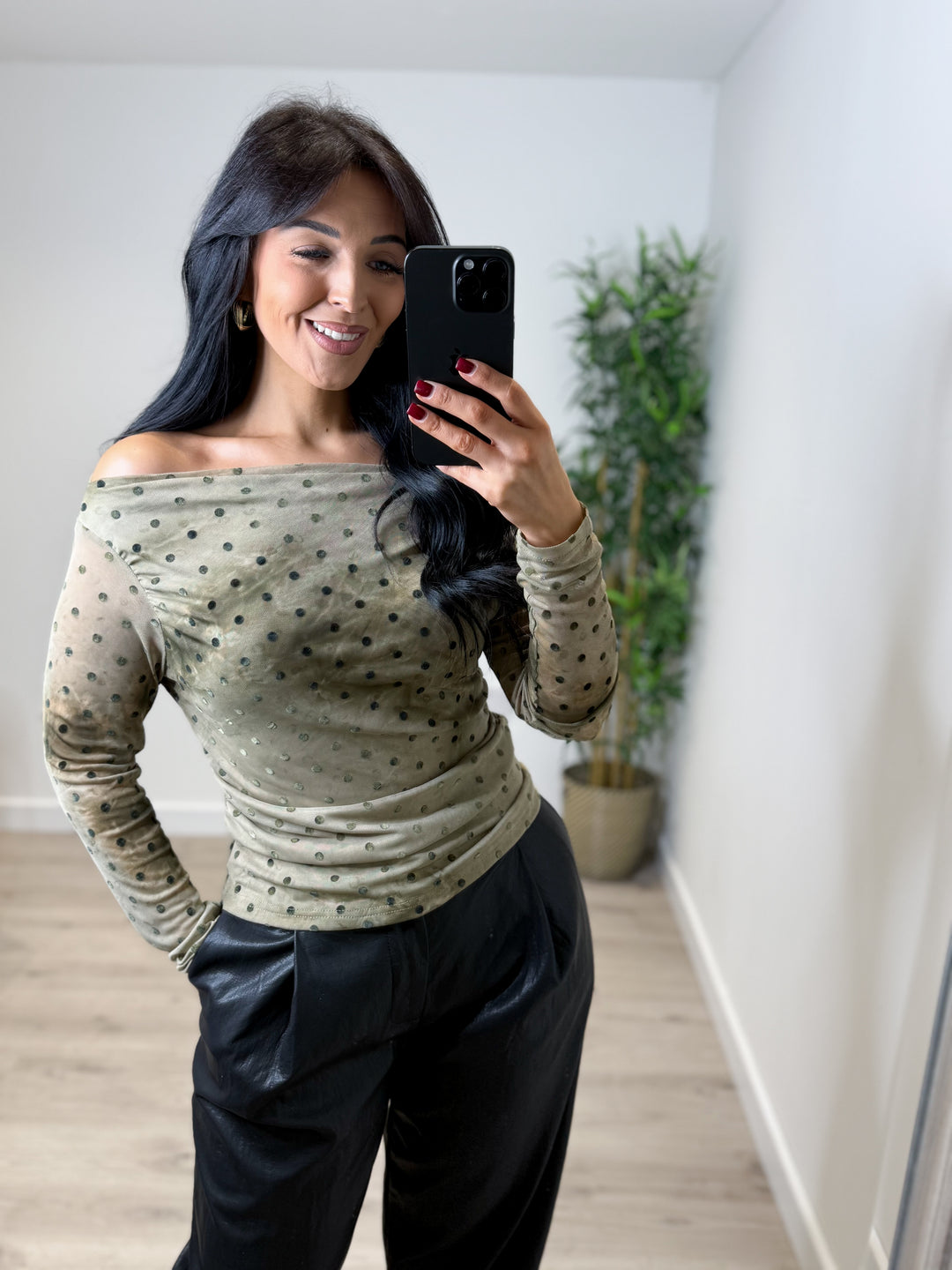 Amber Polka Dot Top - Khaki Green