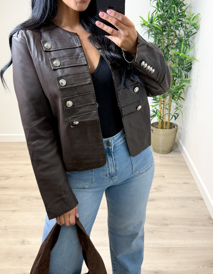 Sized PU Military Jacket - Chocolate