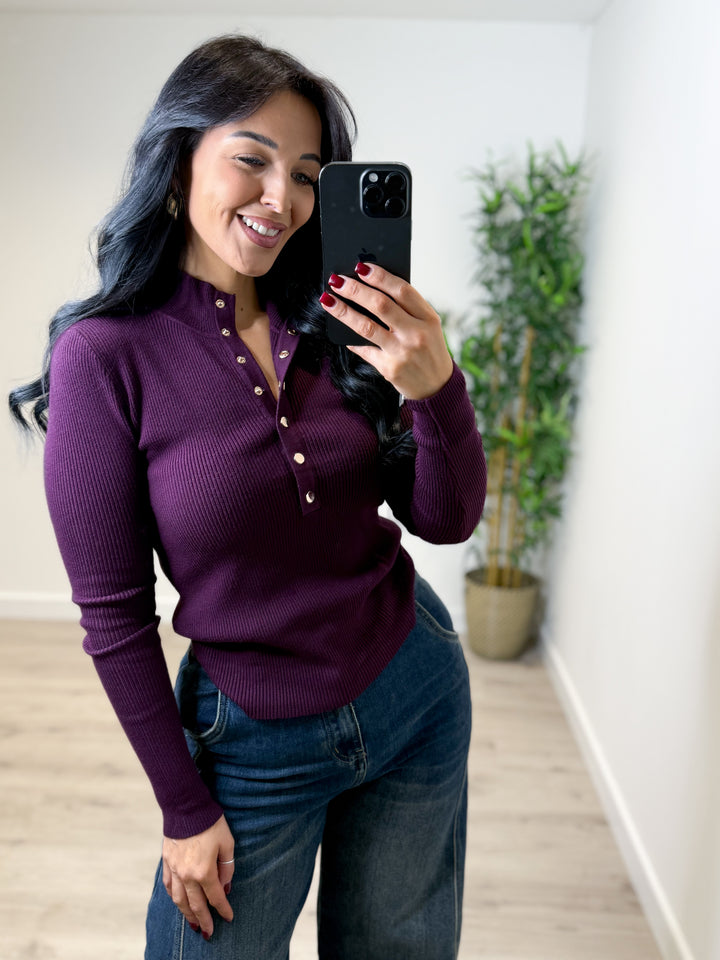 Selene Soft Knit Button Top - Plum
