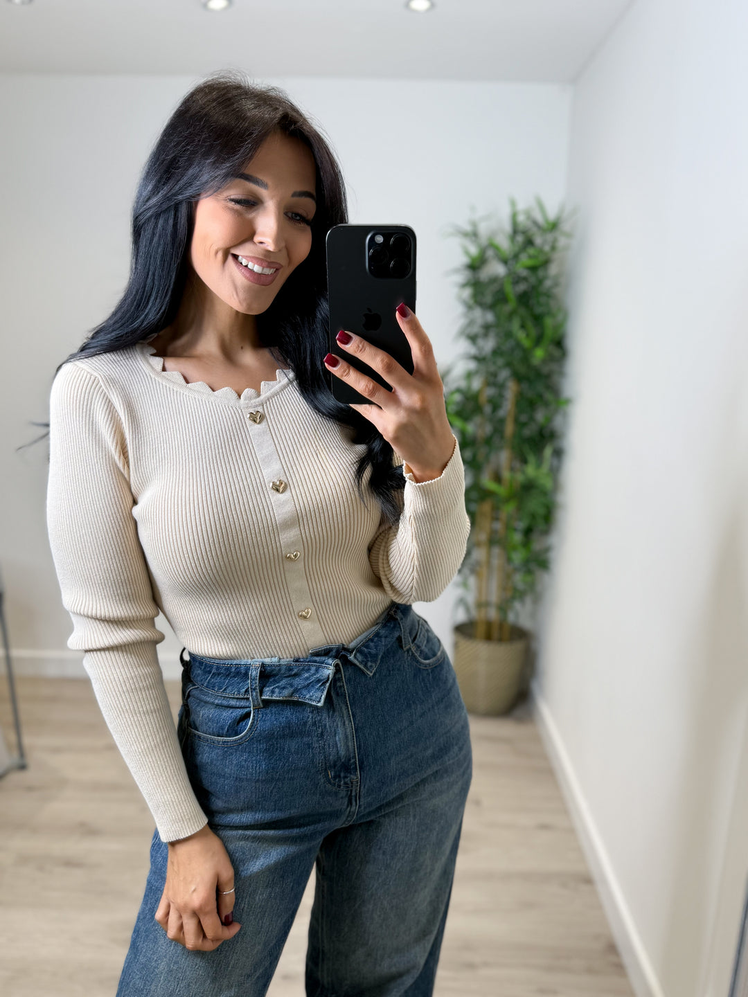 Long Sleeve Love Heart Top - Beige