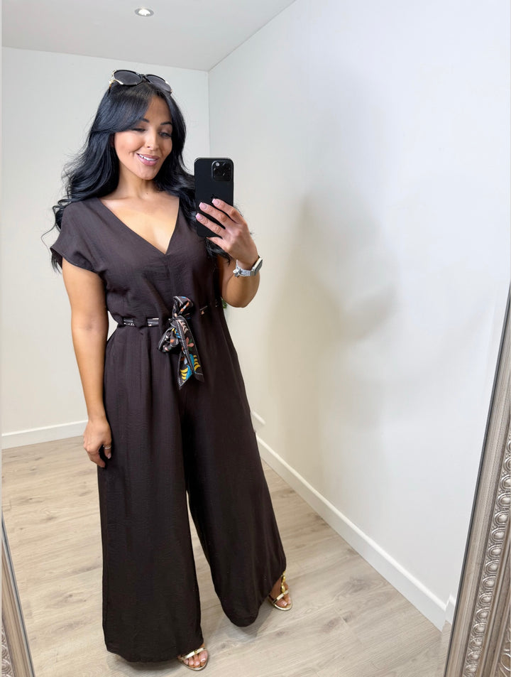 Printed Belt Wide Leg Jumpsuit - Chocolate
