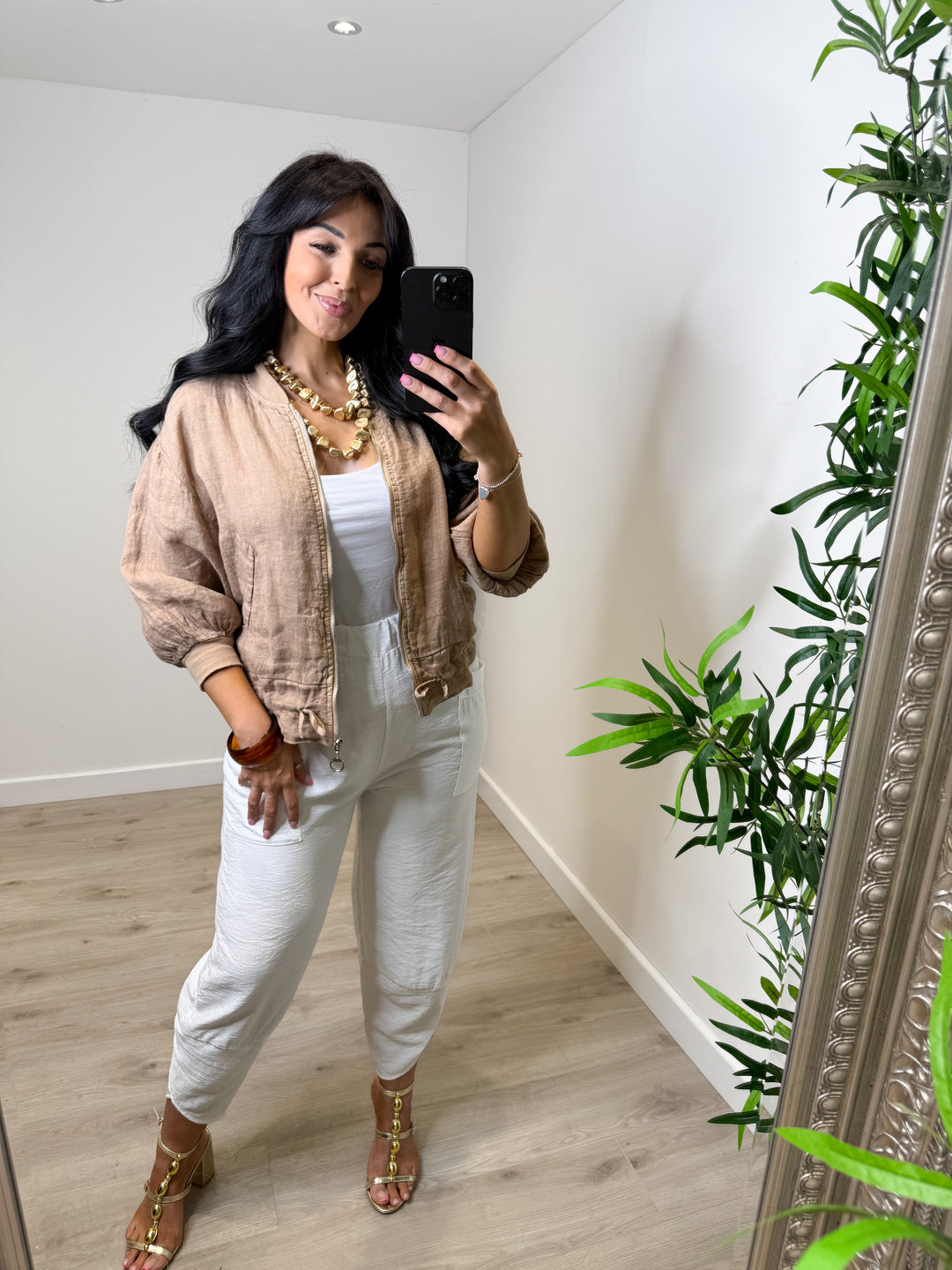 Linen Bomber Jacket - Caramel