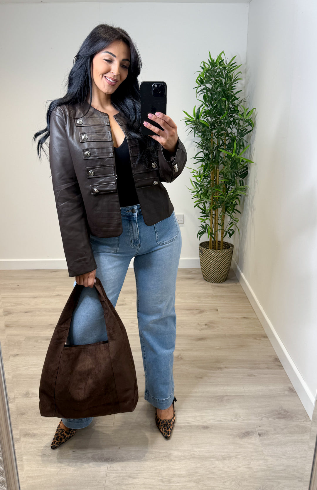 Sized PU Military Jacket - Chocolate