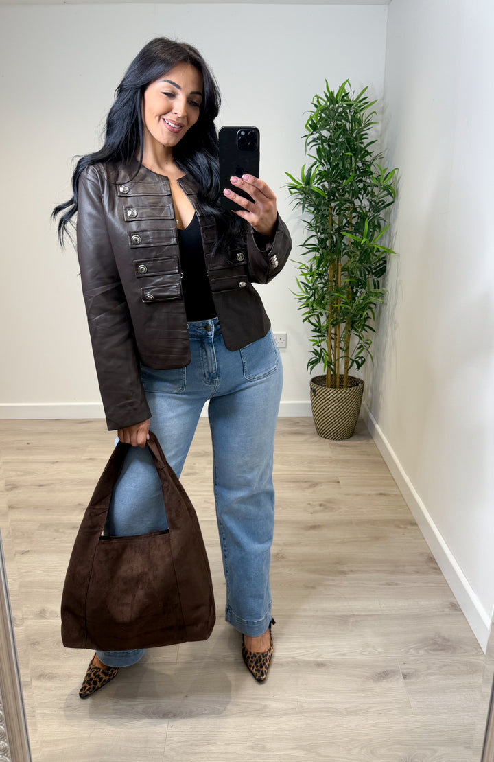 Sized PU Military Jacket - Chocolate