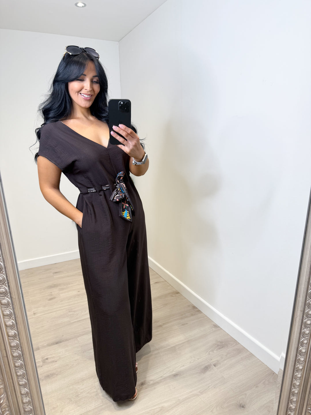 Printed Belt Wide Leg Jumpsuit - Chocolate