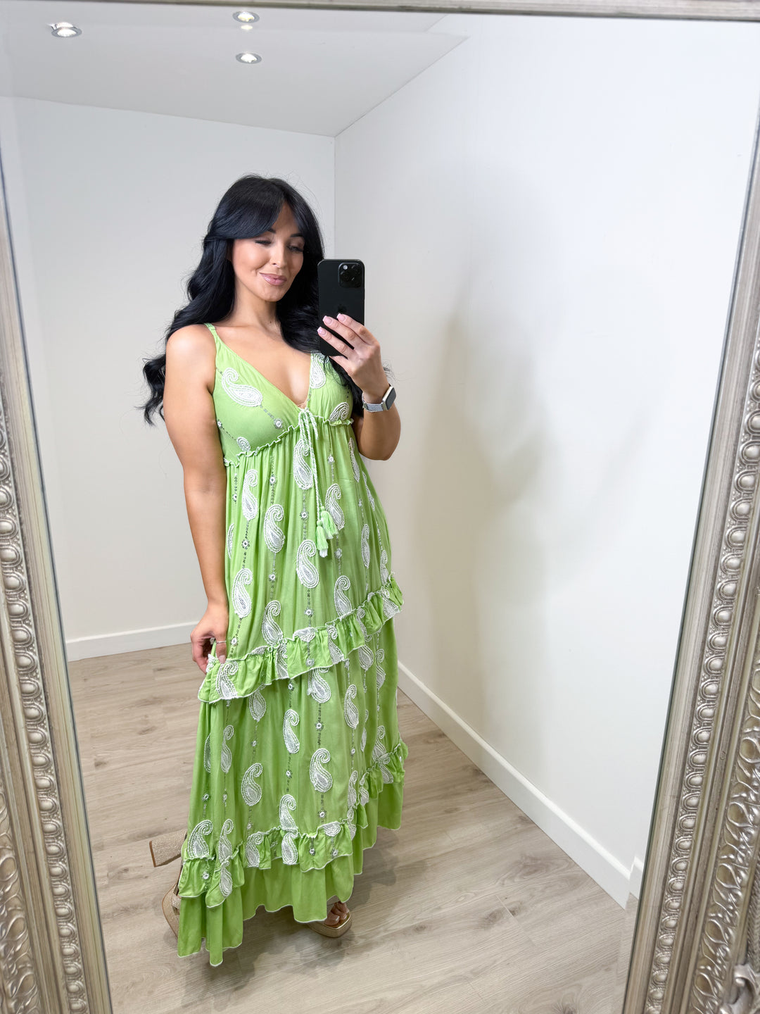blue and green wedding guest dress Tea-Length V-Neck Formal Dress with Pleats– PromGirl main image 0