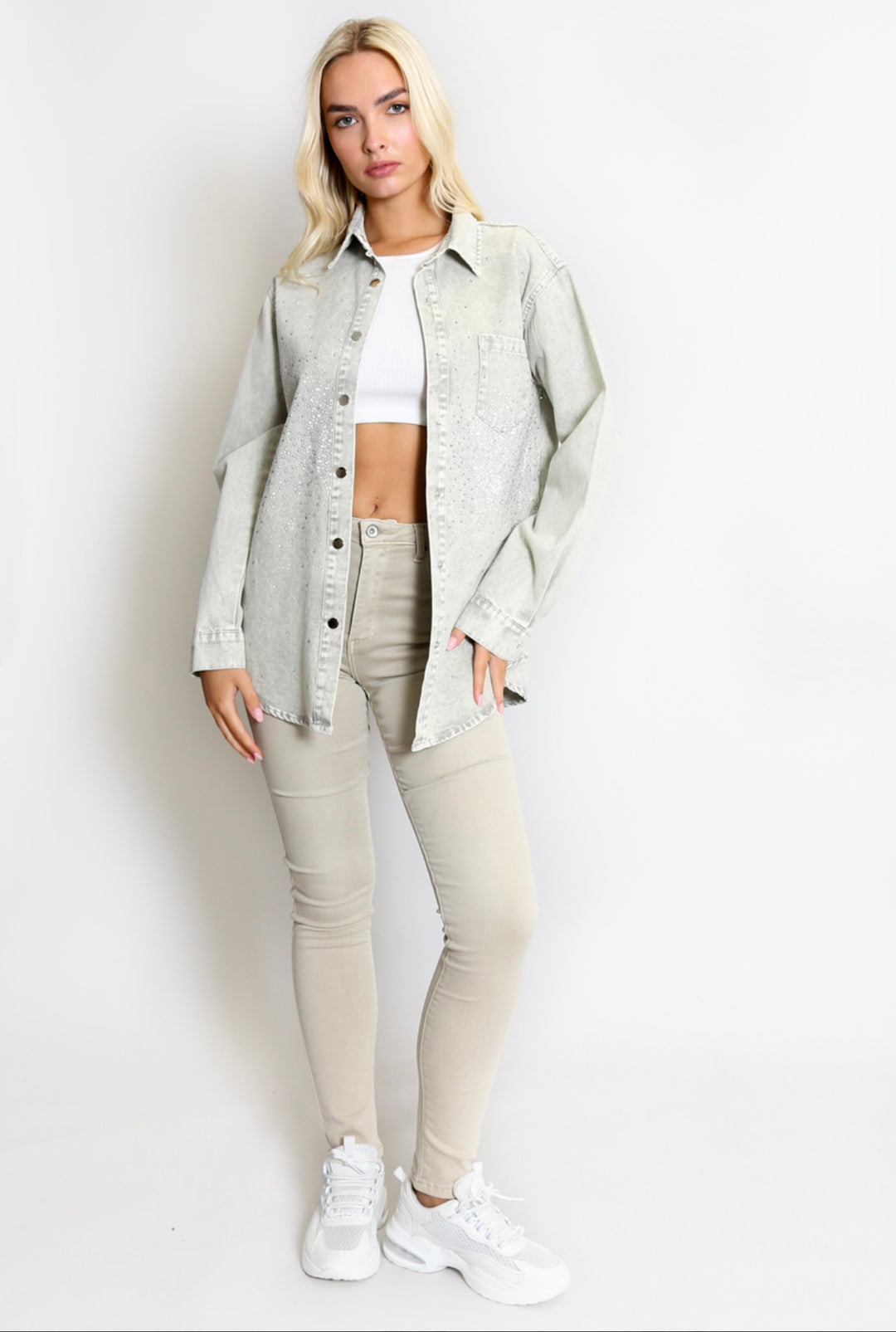 Diamanté Denim Jacket - Grey