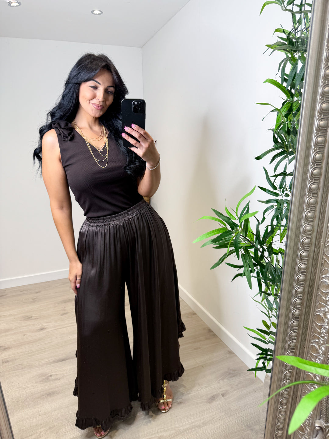 Satin Wide Leg Trousers - Chocolate