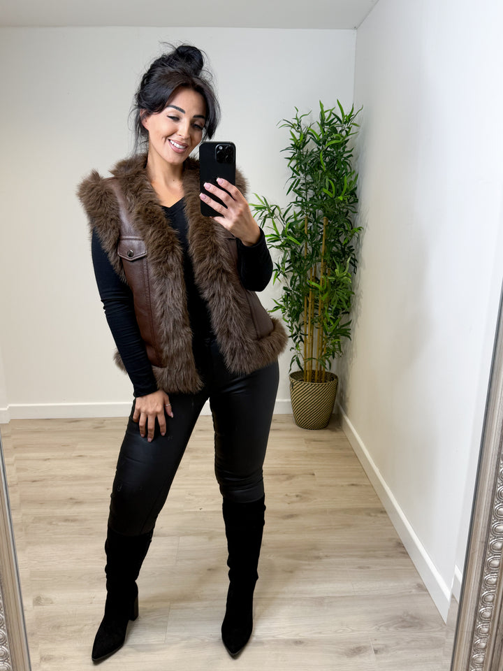 Faux Fur Trim PU Chocolate Gilet