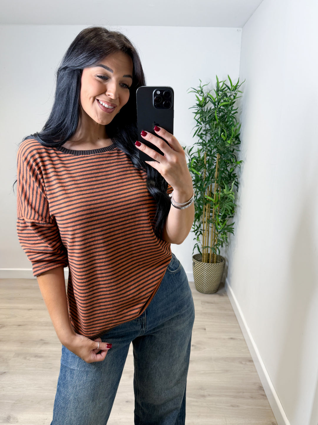 Angelina Stripe Top - Orange/Chocolate