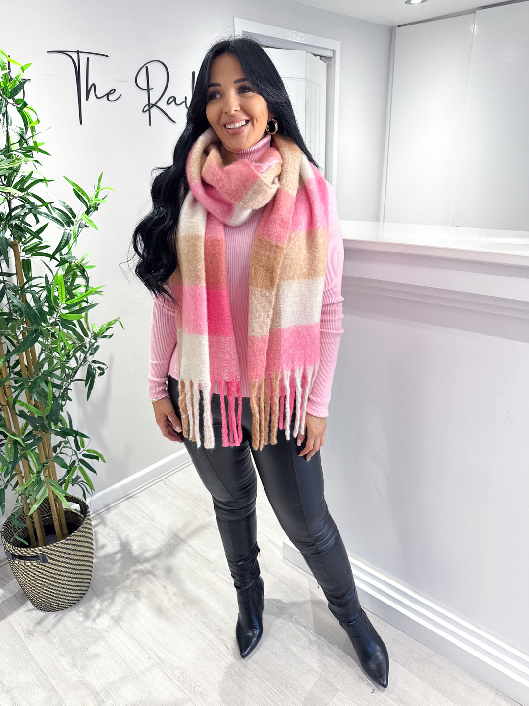 Pink Checked Wool Scarf