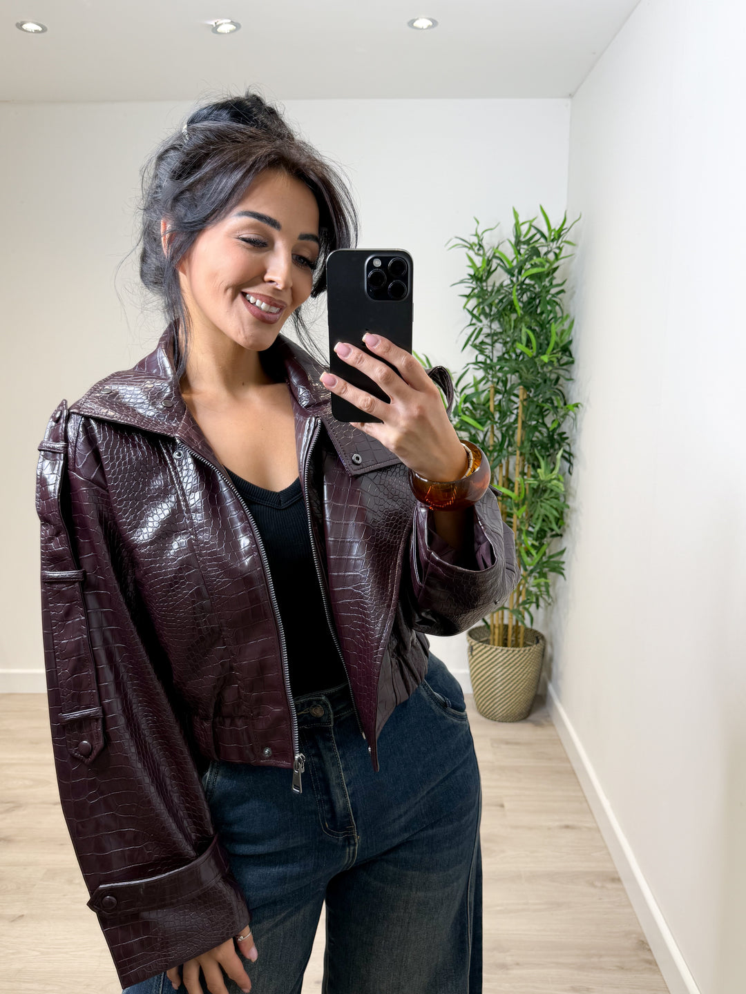 PU Snake Print Jacket - Wine