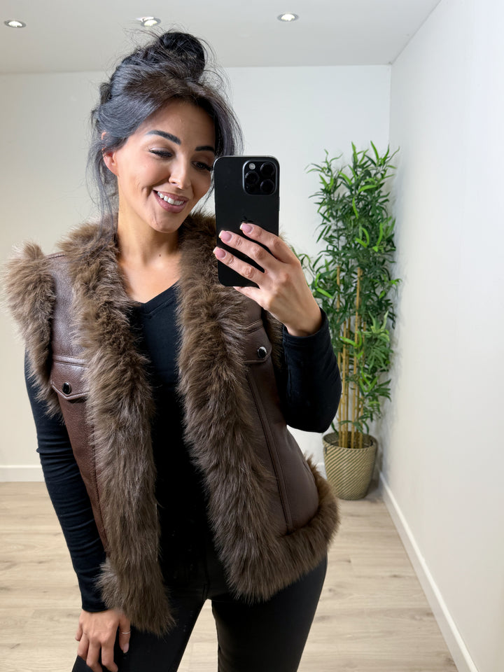 Faux Fur Trim PU Chocolate Gilet