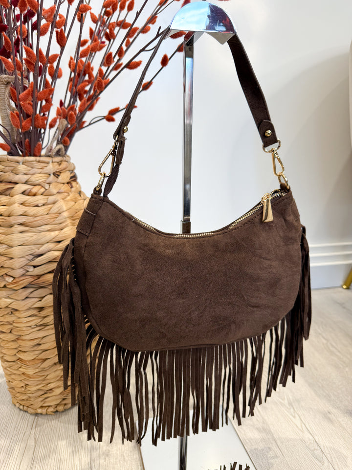 Faux Suede Tassel Bag - Chocolate