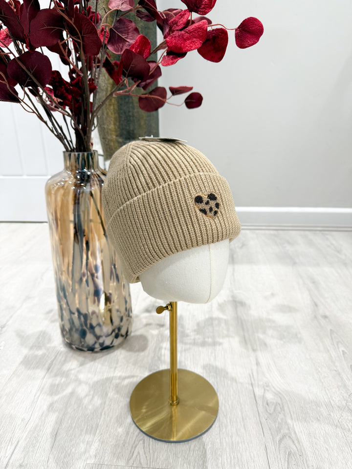 Leopard Heart Hat - Beige
