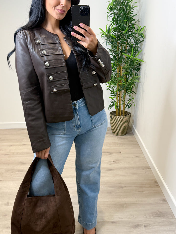 Sized PU Military Jacket - Chocolate