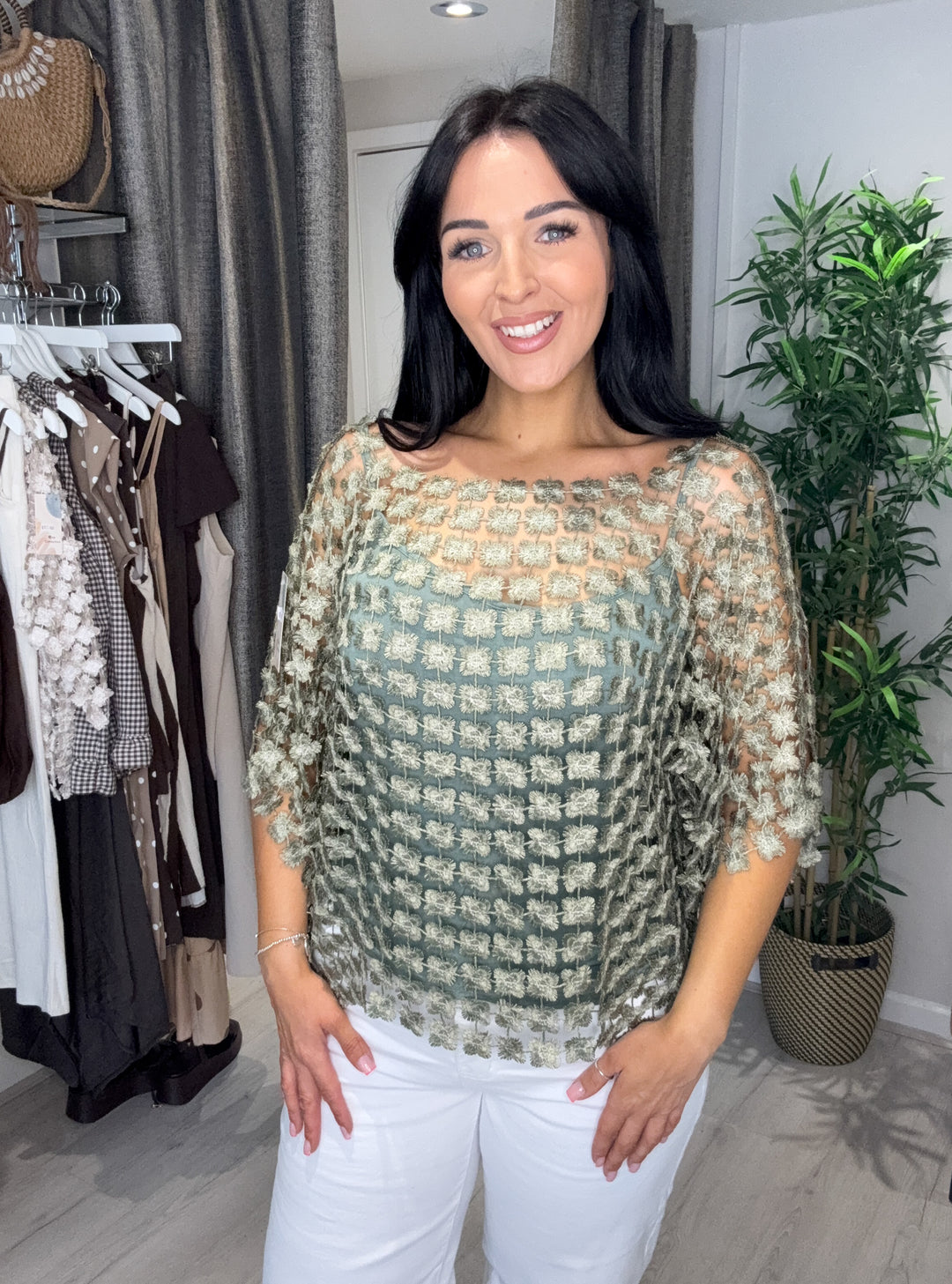 Daisy Metallic Top With Vest - Khaki Green
