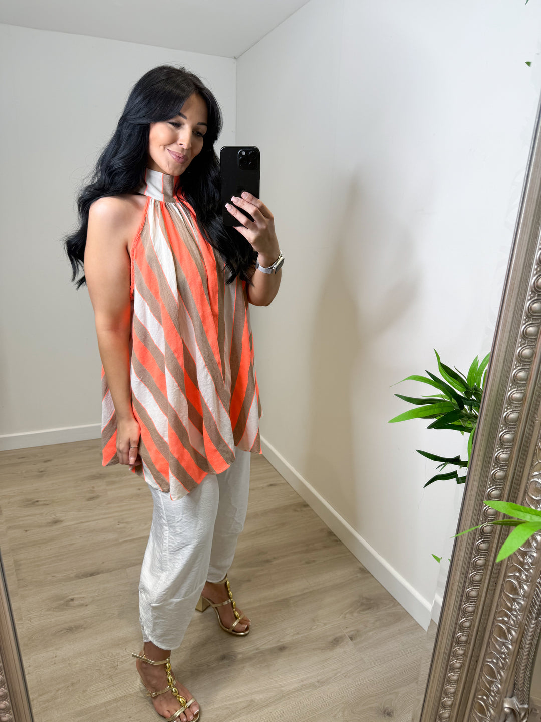 Stripe Halterneck Bow Top - Orange
