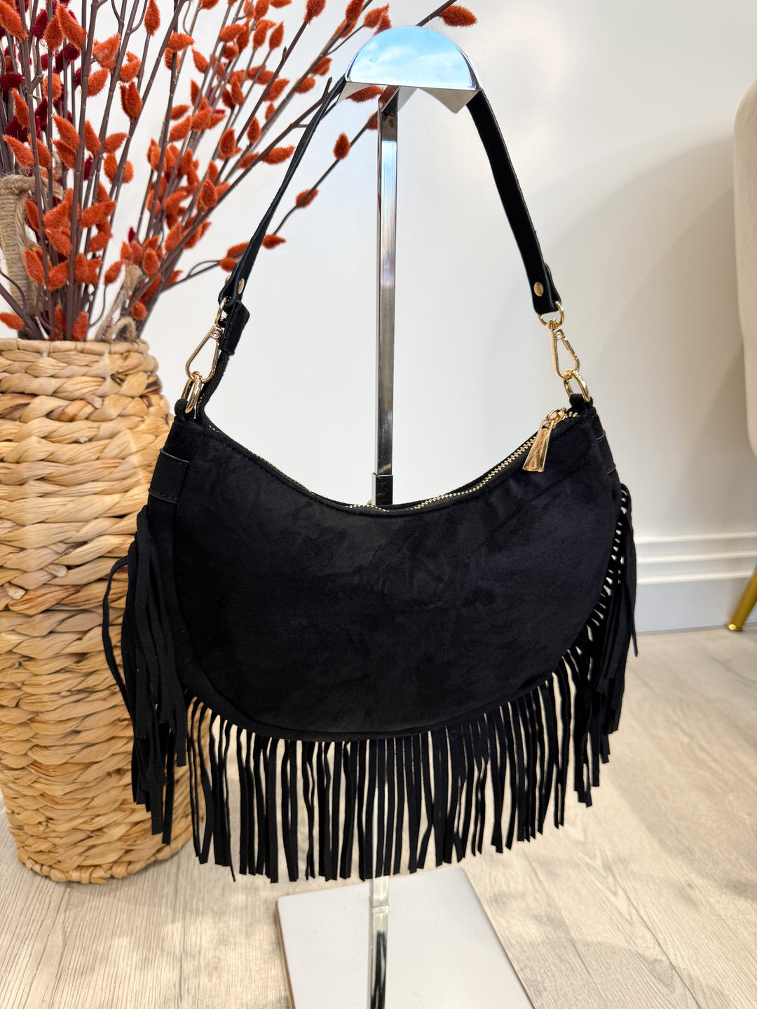 Faux Suede Tassel Bag - Black