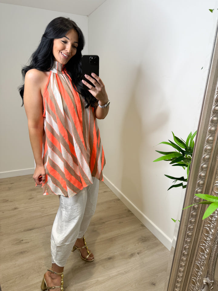 Stripe Halterneck Bow Top - Orange