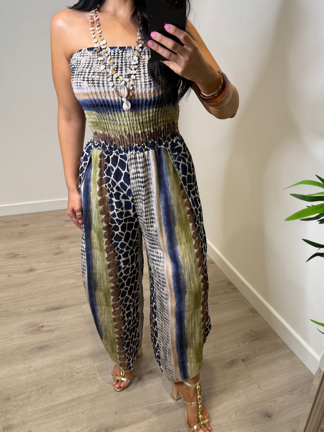 Animal Print Bardot Jumpsuit - Navy