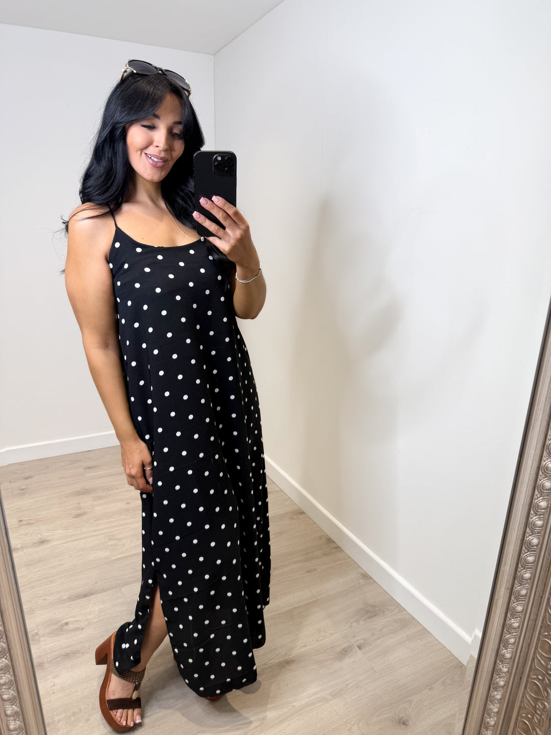 Polka Dot Side Split Dress - Black
