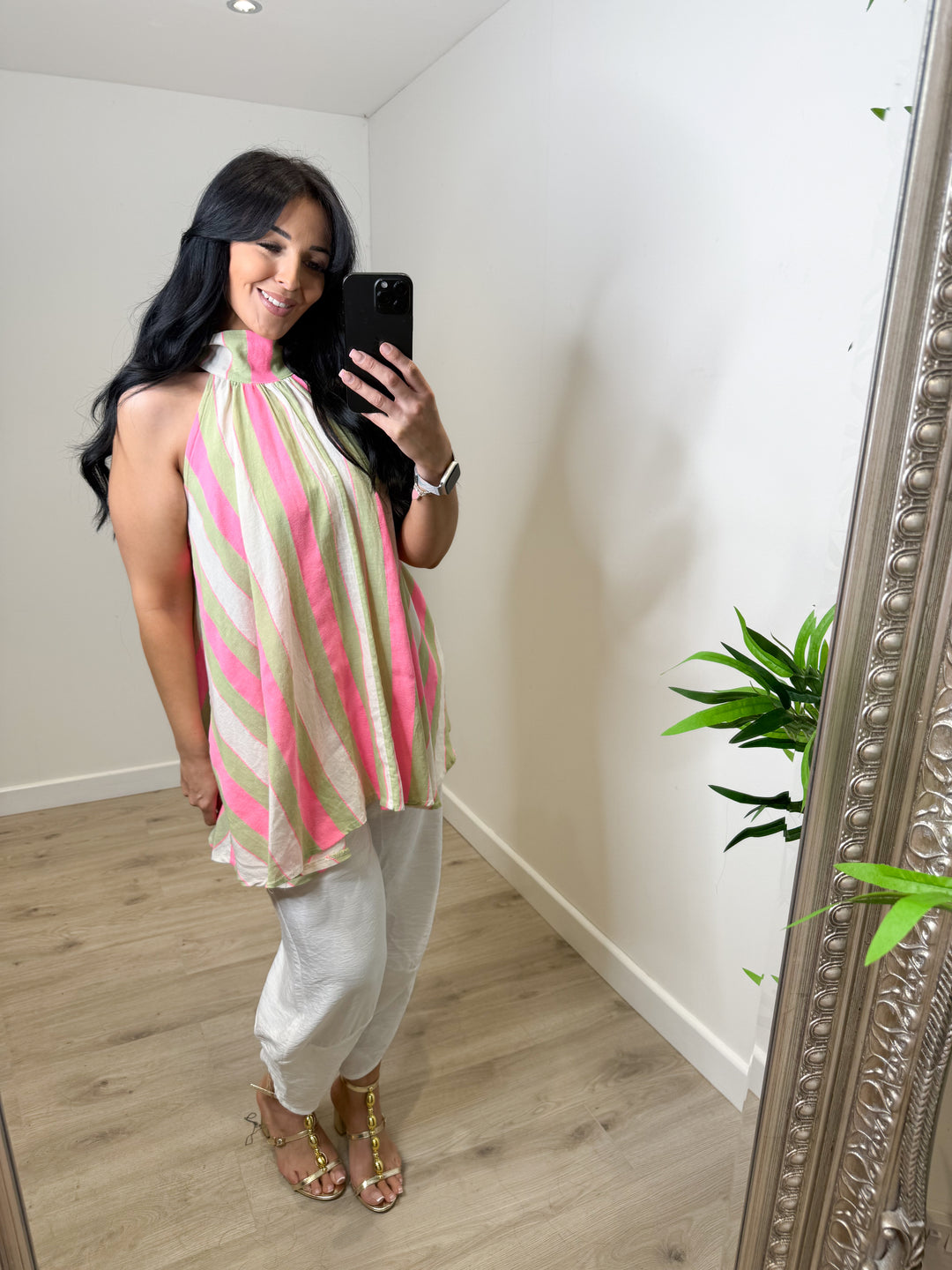 Stripe Halterneck Bow Top - Pink