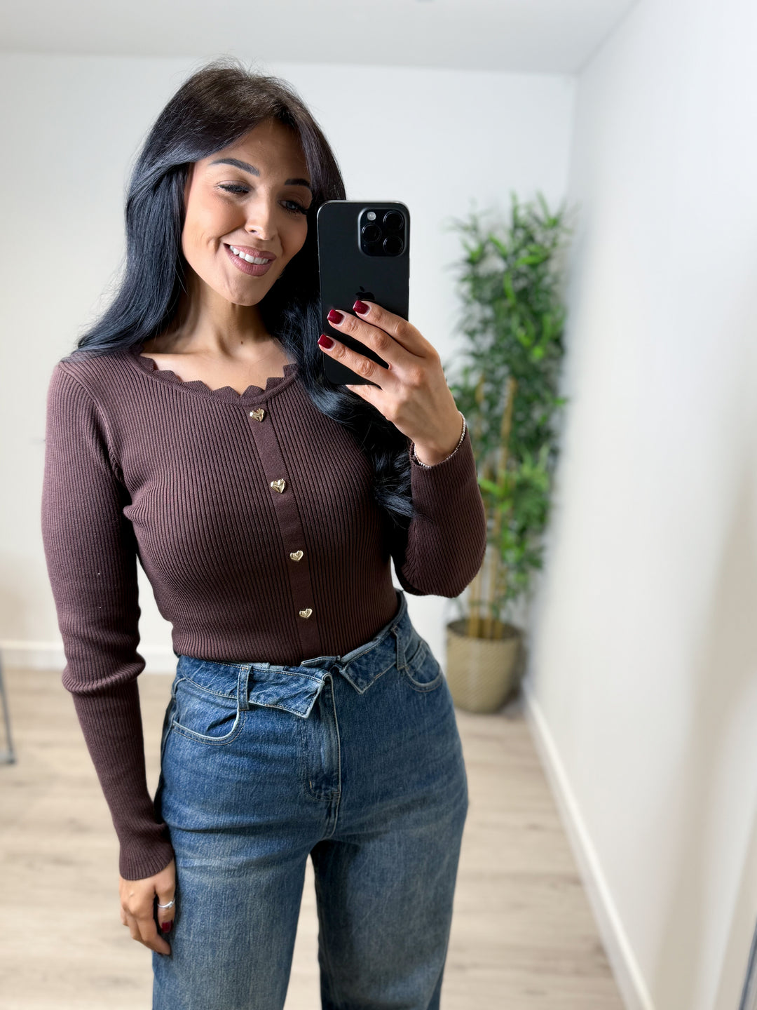 Long Sleeve Love Heart Top - Chocolate