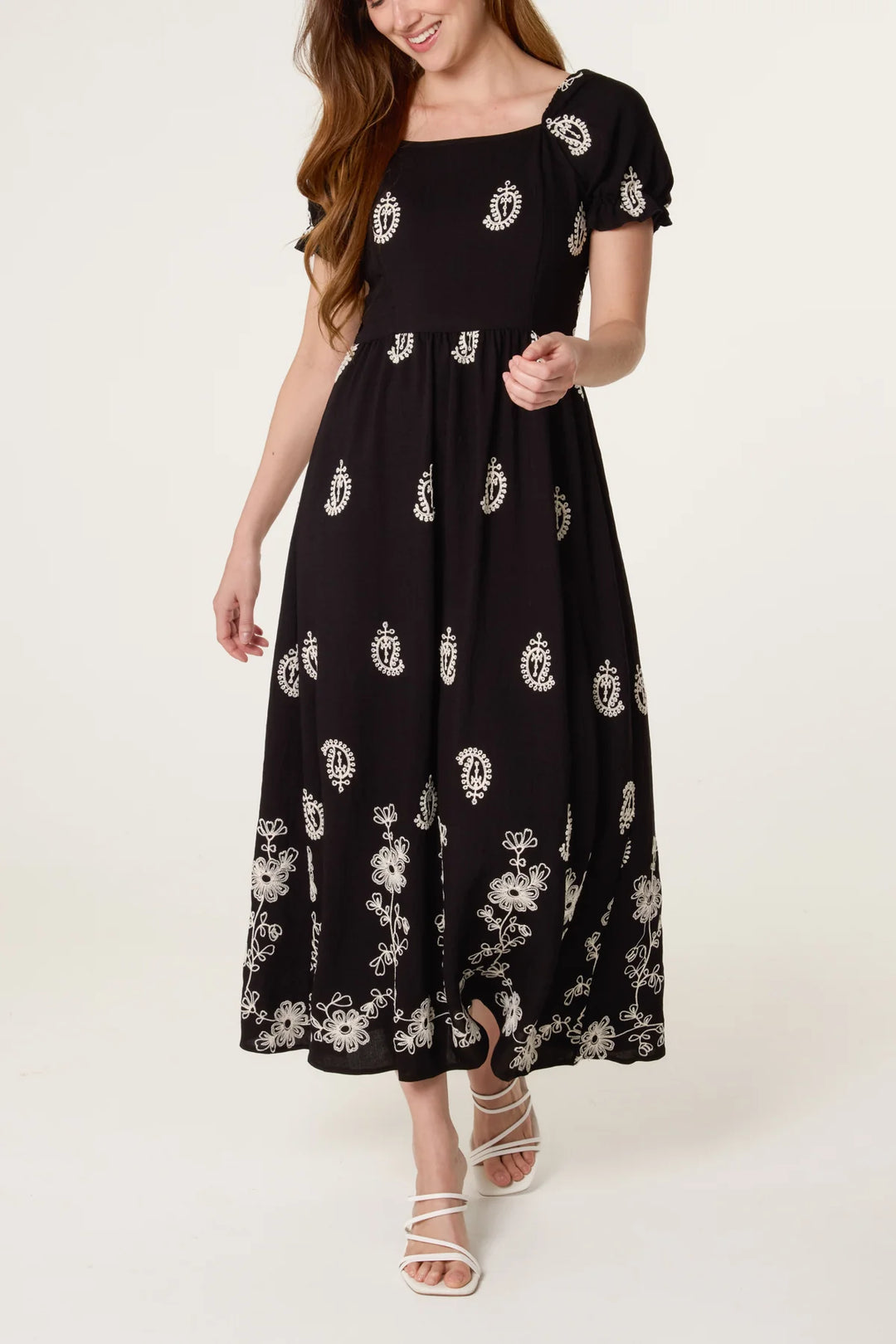 Floral Embroidery Dress - Black